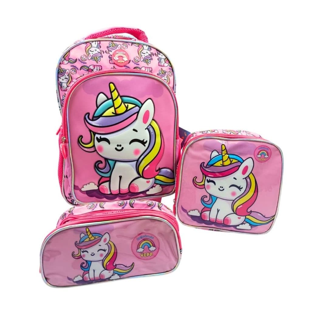 Kit Mochila Rodinhas Unicórnio Rainbow Lancheira Estojo Yepp
