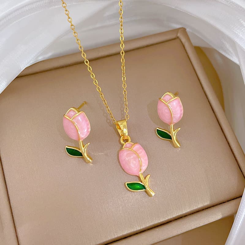 Conjunto de Colar e Brincos de Flor Rosa em Aço Inoxidável, Luxo Leve e Elegante, Corrente de Aço Titânio 1Q6V