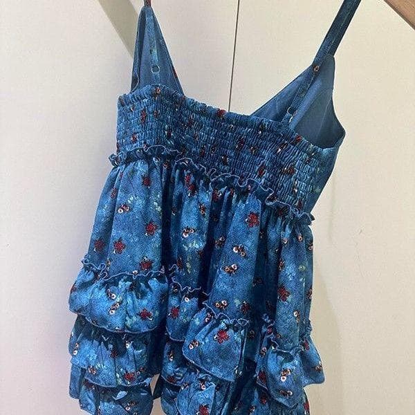 [Venda por tempo limitado] Top de camisola azul de nicho estilo suave, novo estilo de verão Floral com gola halter e col