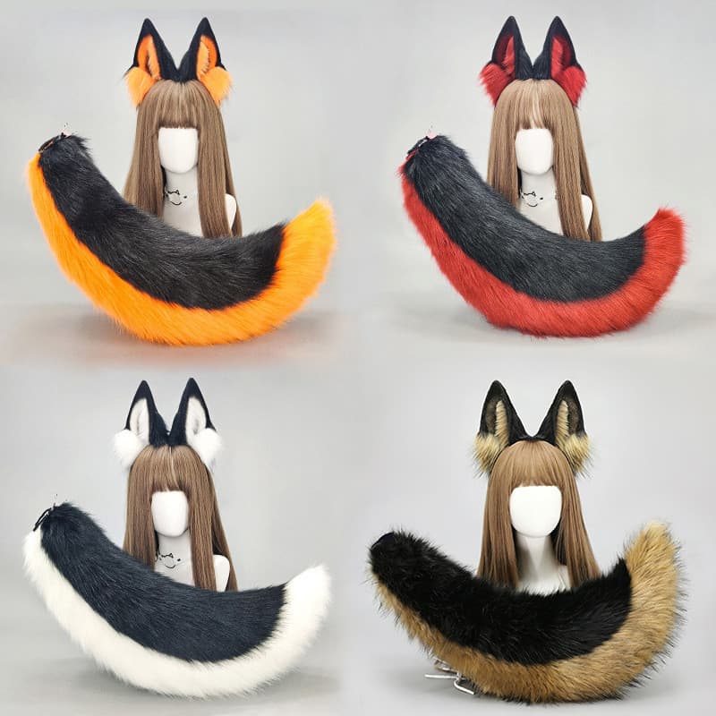 Conjunto artesanal de orelhas e cauda de animal, acessórios de fantasia de cauda de cachorro, tiara de orelhas de lobo d