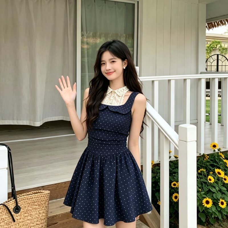 Estilo coreano preto Polka Dot costura vestido de duas peças estilingue feminino verão novo estilo redução de idade cint