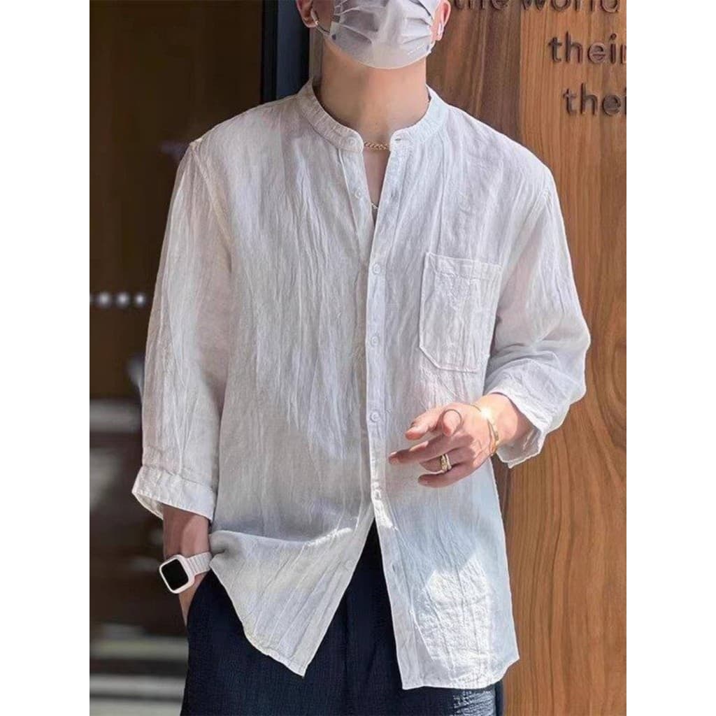 Versão coreana Casual verão respirável linho Premium infecção Tie-Dye camisa de manga três quartos Retro Stand-Up Co