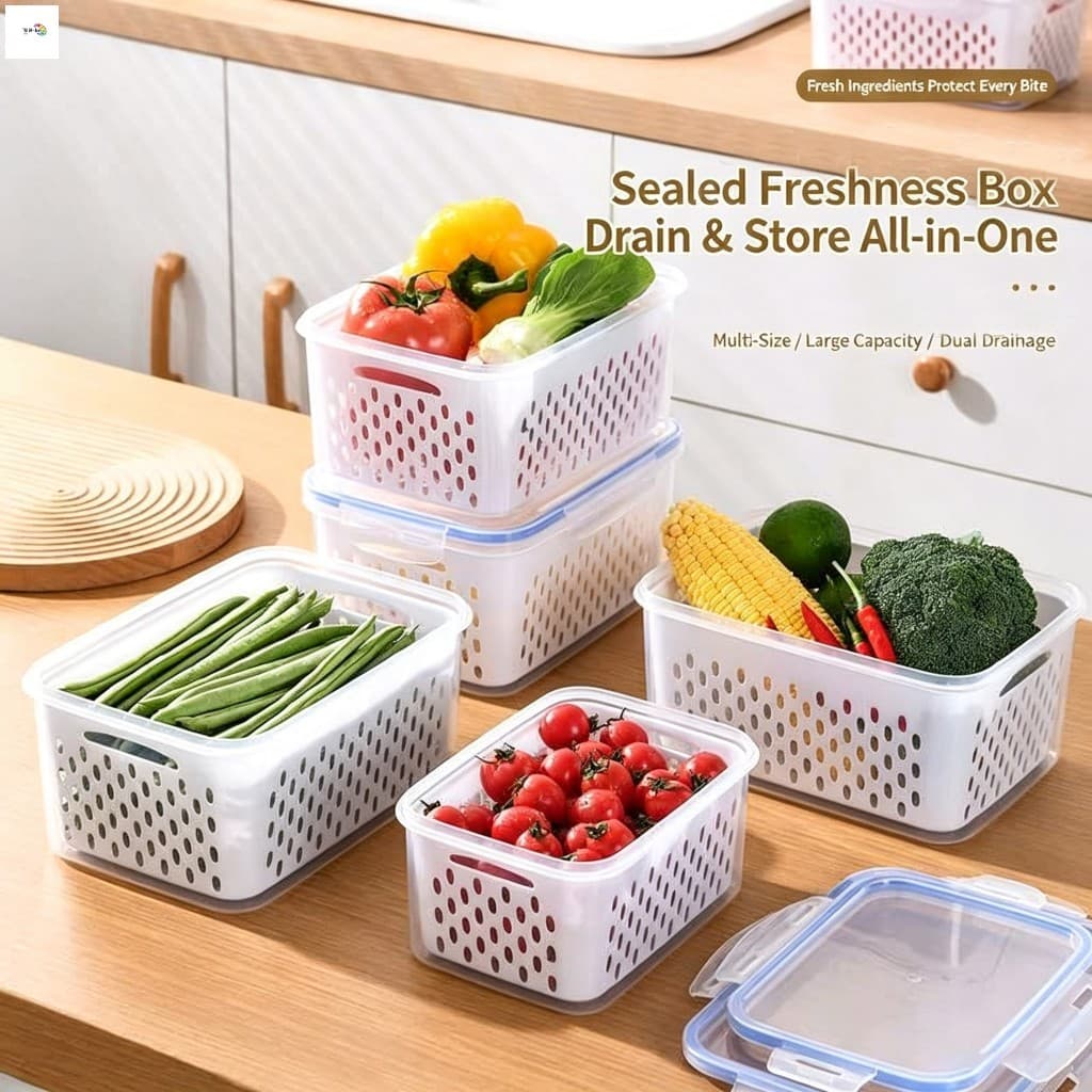 Caixa De Armazenamento De Alimentos De Plástico Com Tampa-Recipiente Selado De Cozinha Para Frutas , Legumes , Geladeira