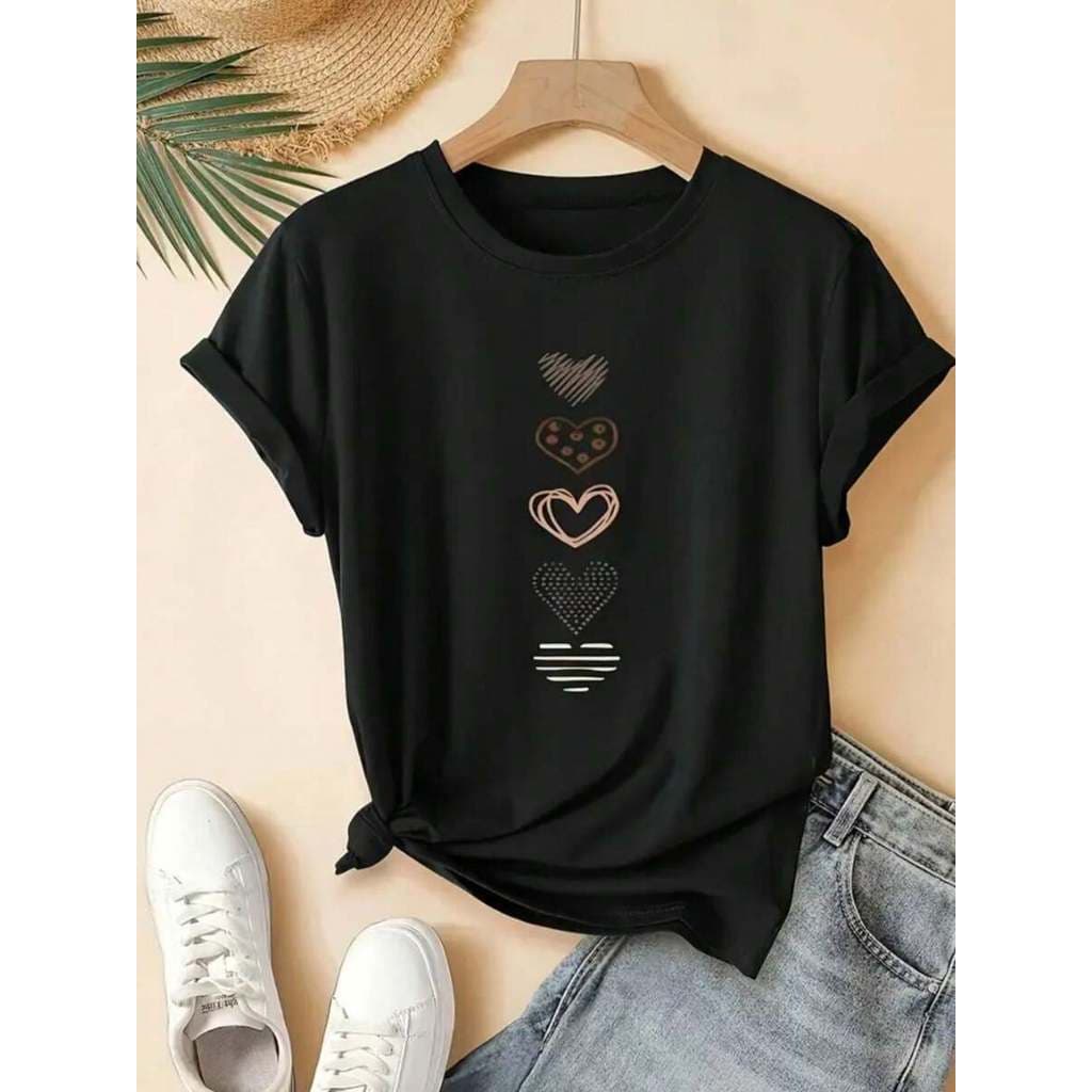Camisa Feminina 5 corações casual estilo camisa 100% de algodão gola redonda Super Oferta