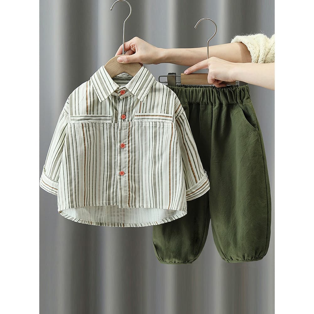 Meninos primavera terno 2026 novo estilo camisa listrada das crianças terno de duas peças menino bonito primavera verão