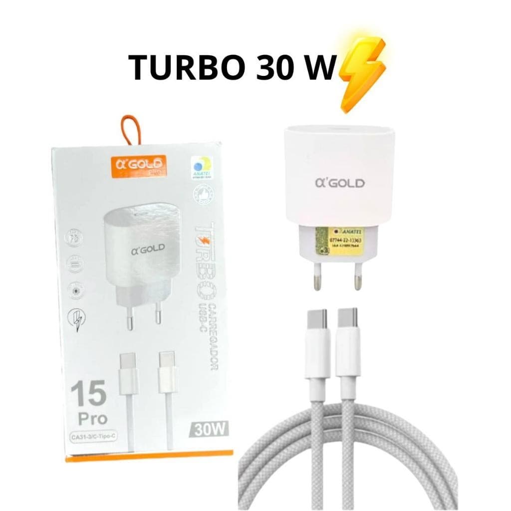 CARREGADOR CABO CELULAR TURBO 30W TIPO C P/ TIPO C AGOLD COMPATIVEL ANDROID E IPHONE 15 15 PRO MAX