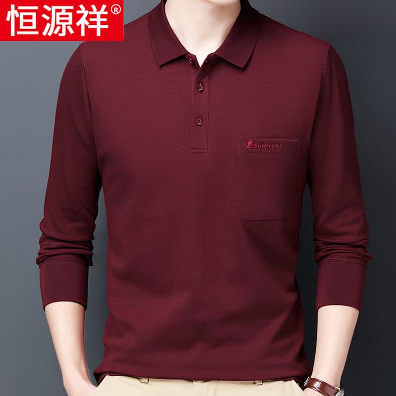 Hengyuanxiang puro algodão pai manga comprida camiseta masculina primavera outono solto topo de meia-idade idosos lã mas