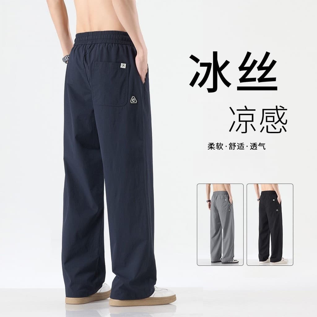 Calças casuais de seda gelo dos homens verão estilo fino ins na moda legal solto calças retas juventude Plus Size calças