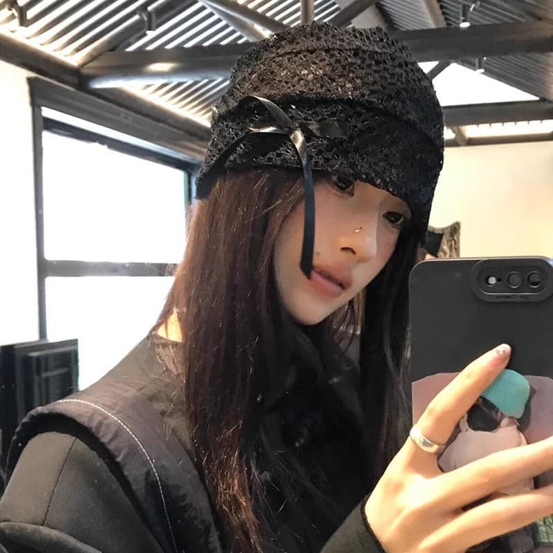 Renda oco arco nó frio chapéu feminino preto versão coreana estiramento pilha chapéu Design nicho All-Match Baotou chapé