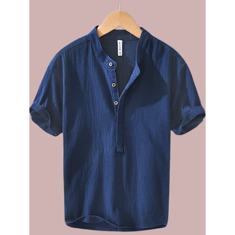 P camisa POLO masculina verão respirável fino gola alta linho camisa de manga curta magro-ajuste algodão linho camisa Co