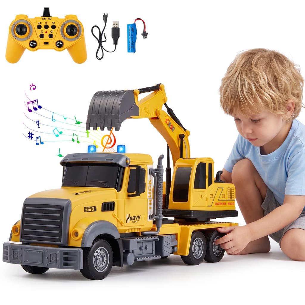 JogoJunto Caminhão Controle Remoto Escavadeira RC Luz Som Bateria Recarregável 360° Brinquedo Infantil