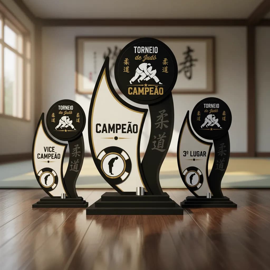 Kit Troféu Judô Mdf 20cm C/ 3 Peças Premiação Completa Judô