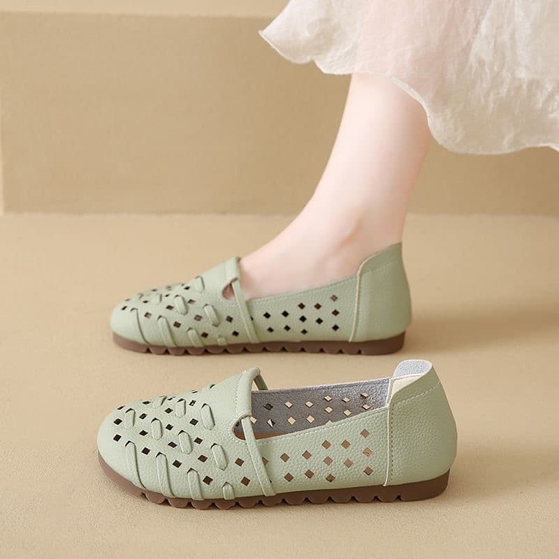 2025 sapatos de ervilhas confortáveis respirável verão salto baixo sapatos de couro oco dedo do pé redondo sola macia so