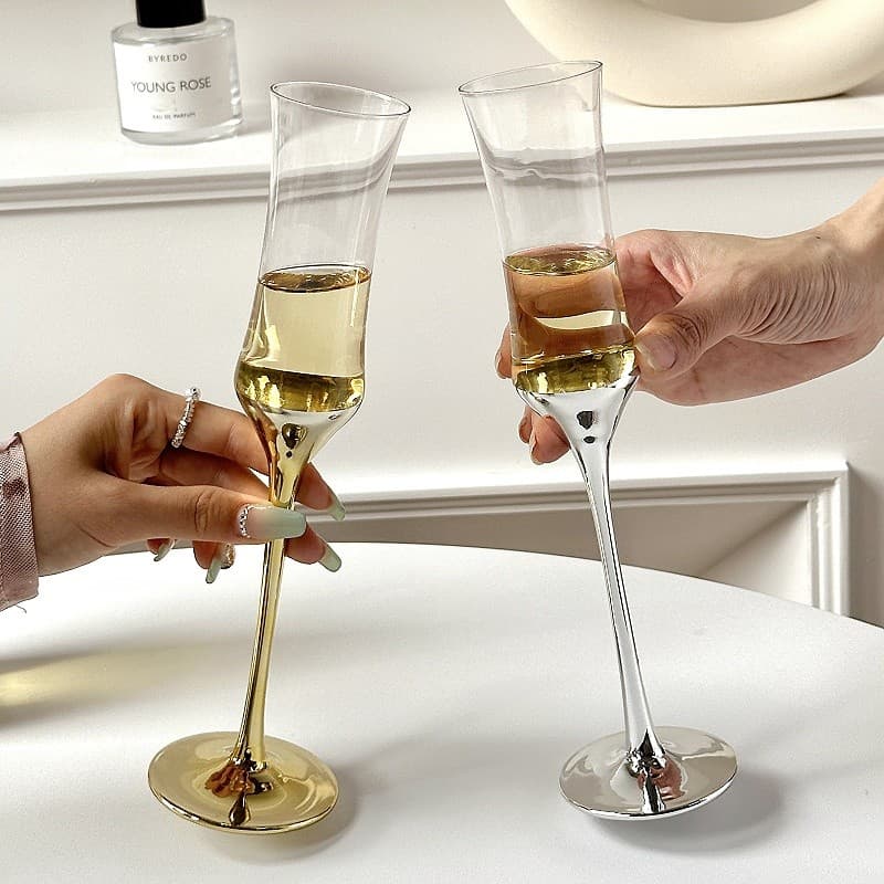 Nicho francês cintura estreita taça de vidro champanhe vidro de cristal galvanoplastia vidro bolha alto valor vinho tint