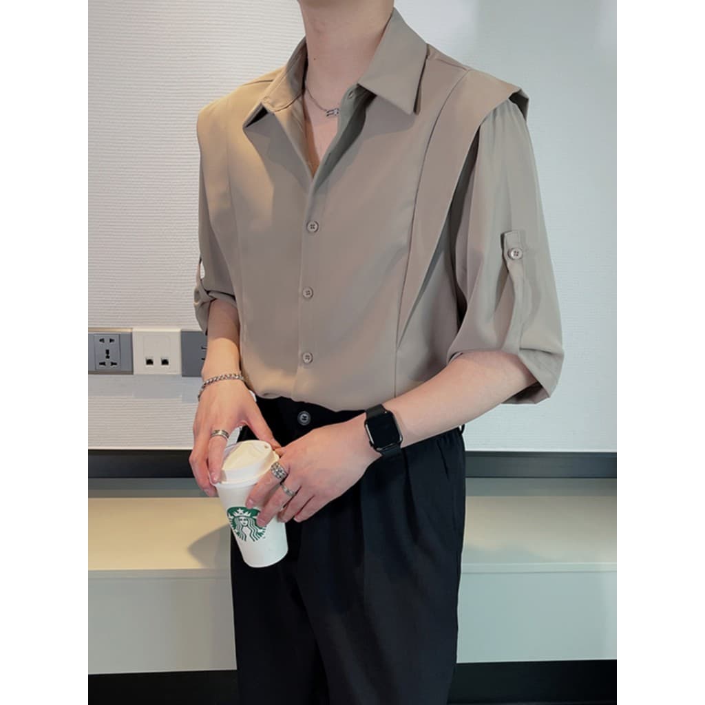 Camisa masculina de manga curta versão coreana na moda camisa de manga de três quartos luz estilo maduro bonito verão ge