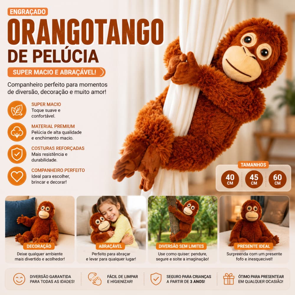 Orangotango de Pelúcia Macaco Punch Abraçável Macio Infantil Decoração Quarto Presente 40cm 45cm 60cm