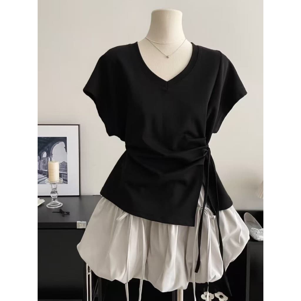 Irregular preguiçoso solto amarrado cordão cintura estreita Design All-Match T