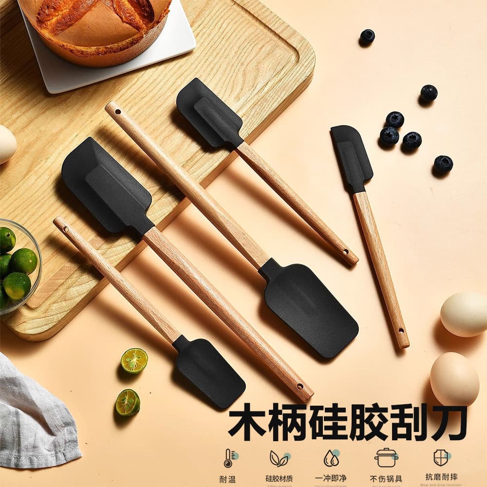 Espátula de Silicone para cozimento de qualidade alimentar, conjunto de 5 peças, estilo nórdico, cabo de madeira integra