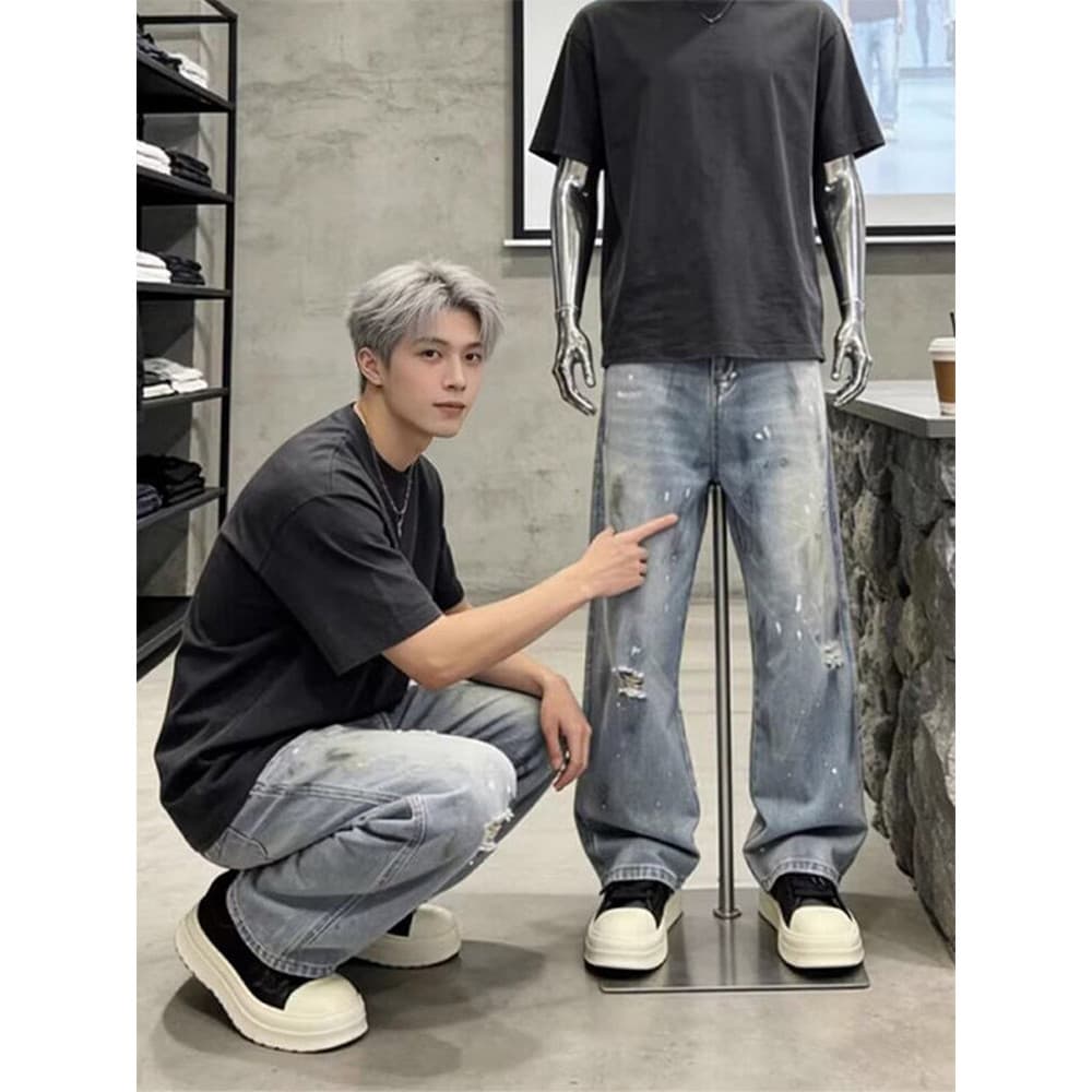 Calças de brim rasgadas lavadas masculinas em linha reta solta perna larga americana High street Wear bonito All-Match G