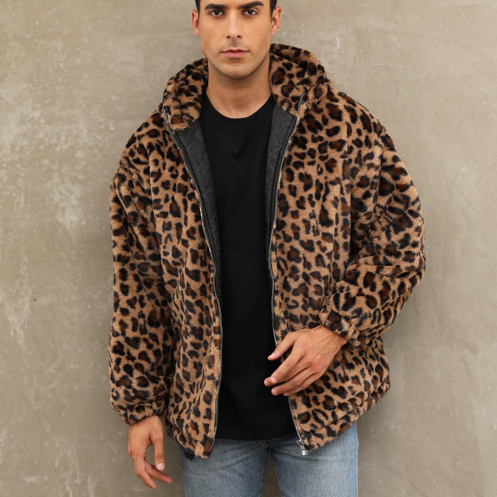 Homens outono inverno jaqueta de pele sintética quente pelúcia leopardo impressão jaqueta de pele sintética com zíper ja