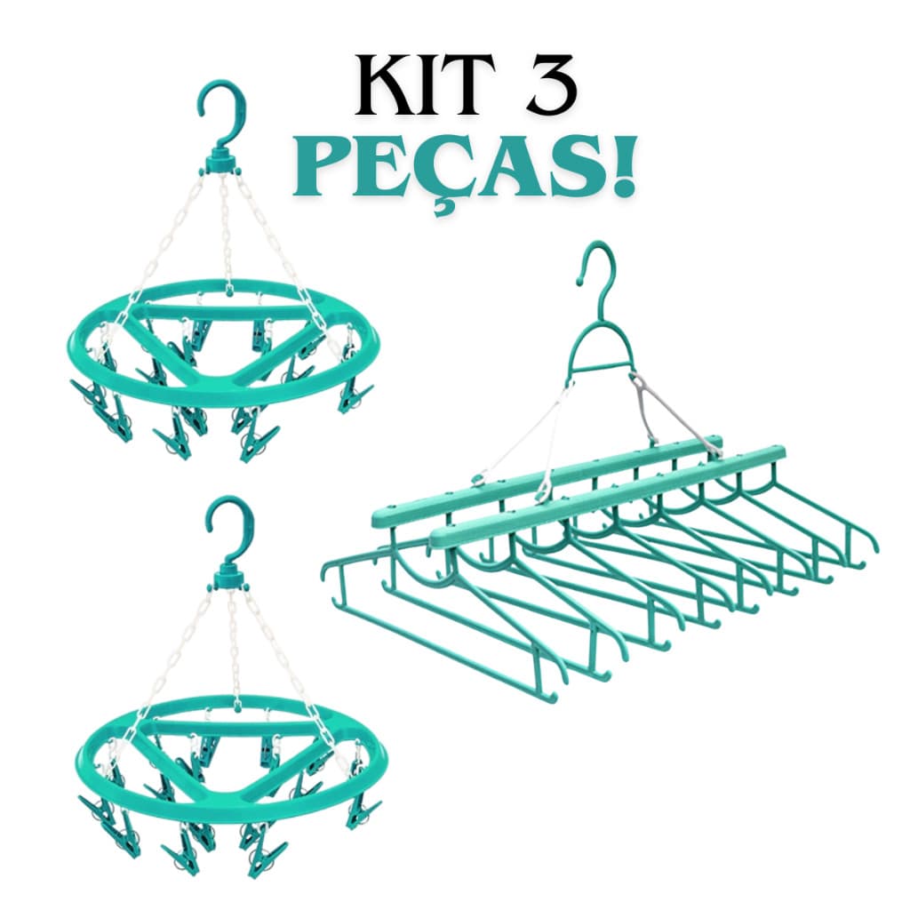 Kit 2 Varais Redondo 18 Prendedores e 1 Varal 8 com Cabides Dobrável Reforçados AmpePlast