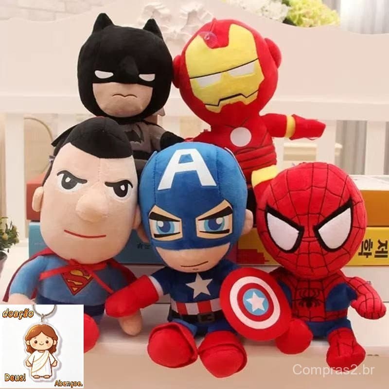 Pelúcia 27cm Heróis da Marvel e – Batman, Homem de Ferro, Capitão América, Superman e Homem-Aranha