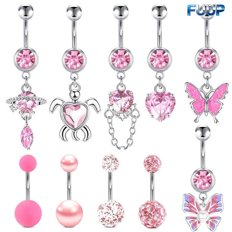 FUUP Aço Inoxidável Rosa Ponto Broca Umbigo Anel Prego Borboleta Zircão Simples Bule Piercing Ornamento Quente
