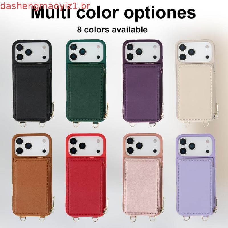 Capa De Telefone Carteira De Couro Com Zíper Para iPhone 17 Air 16E 16 Pro Max 15 Plus 14 13 12 11 Cordão Longo Slots Ca