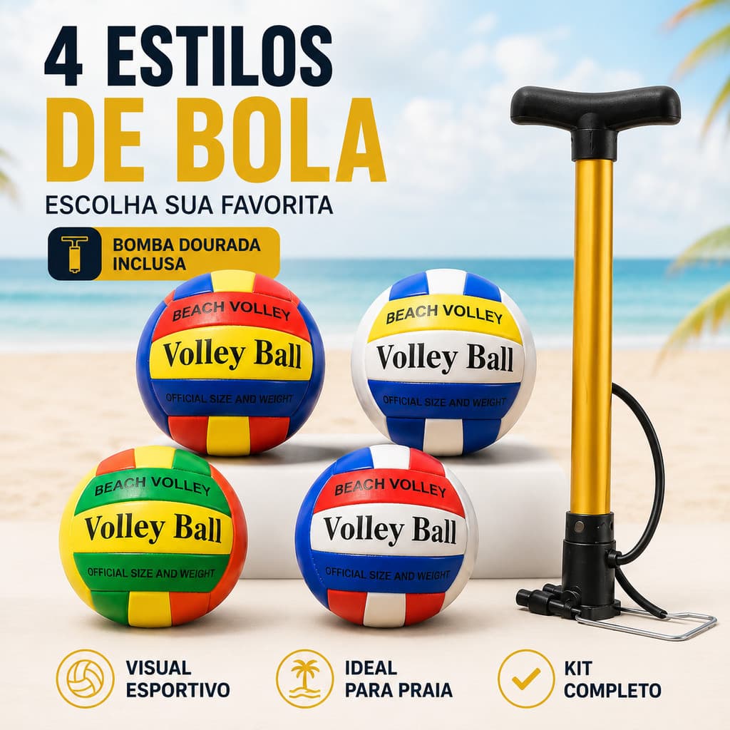 Kit Bola de Vôlei de Praia com Bomba Manual Dourada 50 cm para Beach Volley, Treino e Lazer
