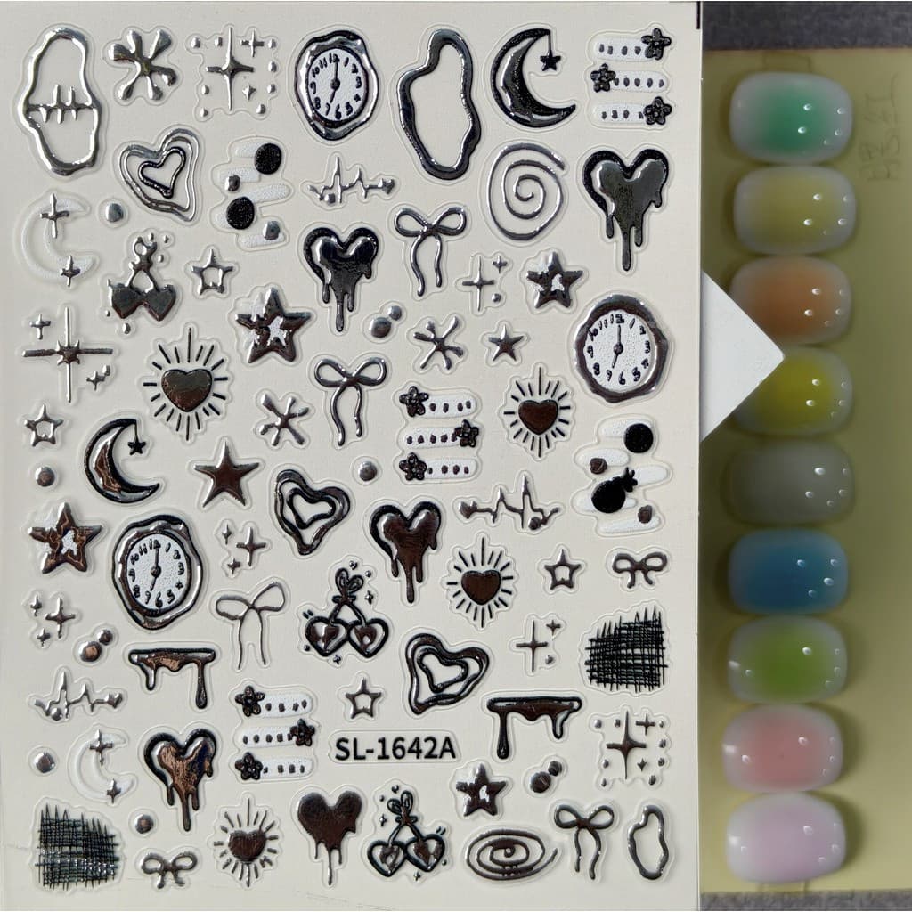Adesivos de nail art metálicos prateados e pretos, estilo Ins, doces e modernos, com decorações DIY de coração, lua, rel