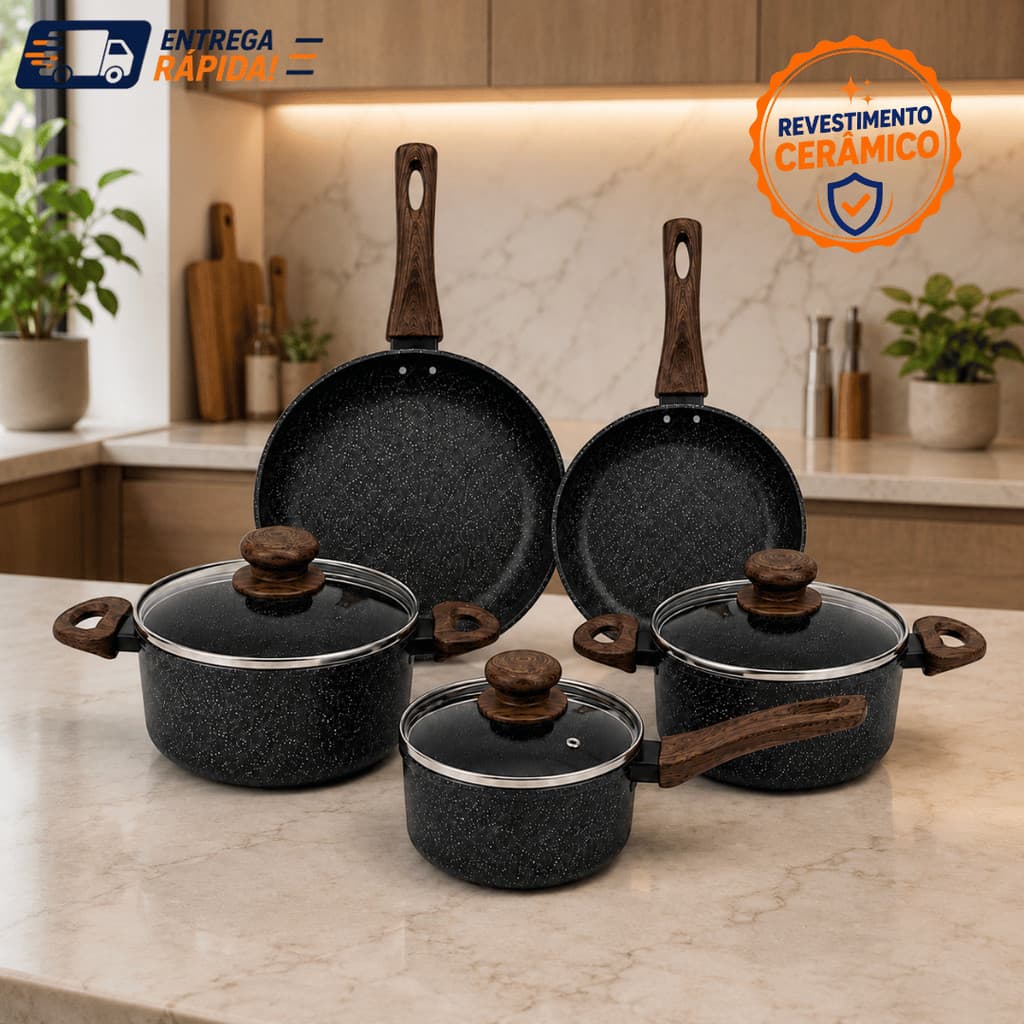 Kit Panelas Cerâmica Antiaderente 3 4 5 Peças Indução Preto Caçarola Frigideira Panela Premium Grande Pequeno