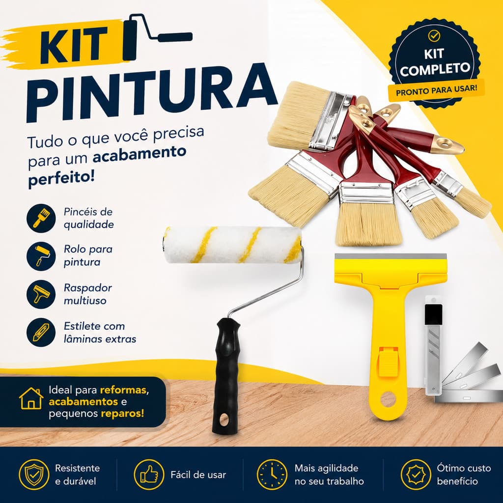 Kit Pintura: Raspador com Lâmina, 5 Pincéis e Rolo de Pintura