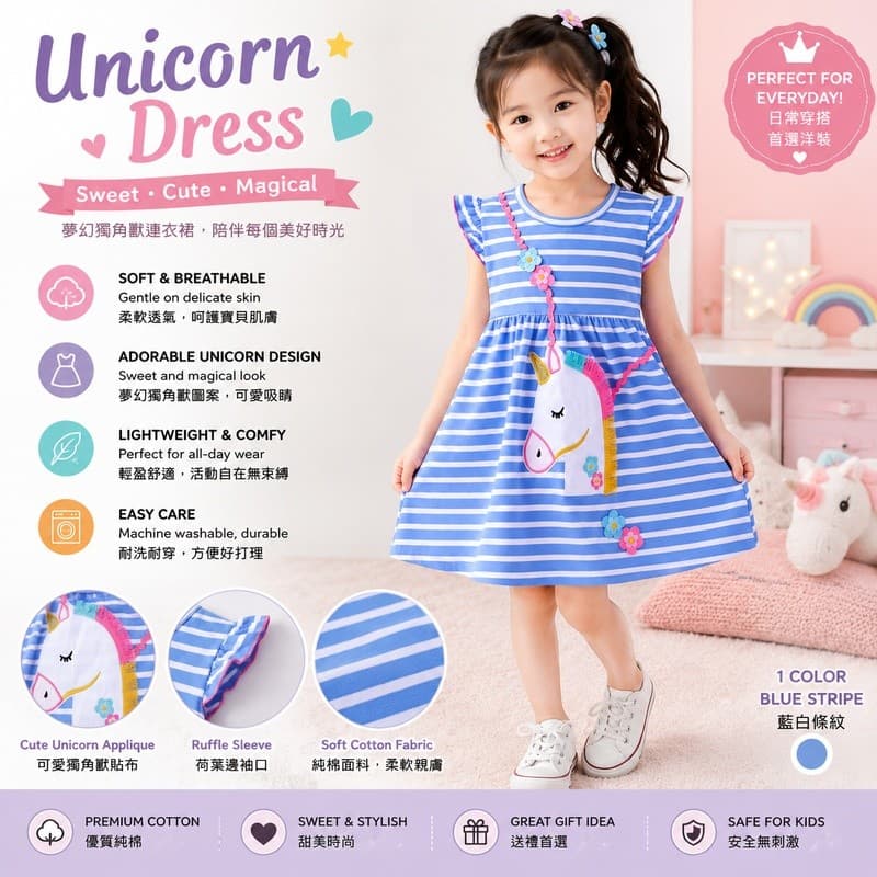 Vestido de Unicórnio para Meninas, Vestido de Princesa Listrado de Algodão para o Verão, Vestido Estiloso para Crianças