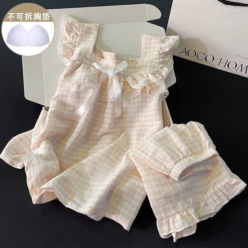 Pijama feminino de verão estilo coreano, simples, xadrez, de manga curta e shorts, fofo e solto, com almofadas no peito.
