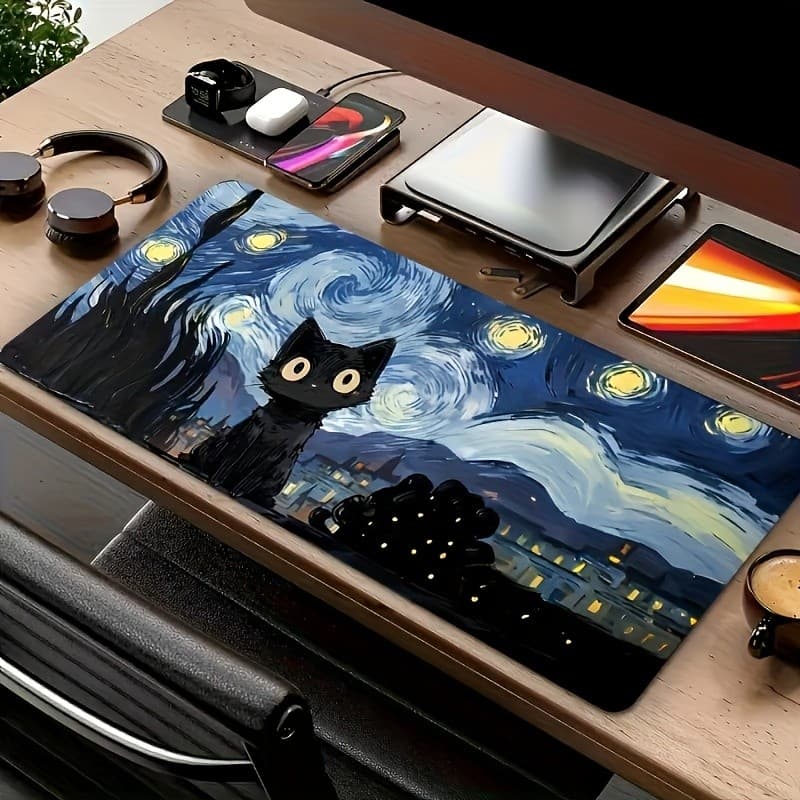 Tapete De Rato Para Jogos Van Gogh Starry Night Black Cat , Base De Borracha Antiderrapante Com Borda Costurada Mesa Gra