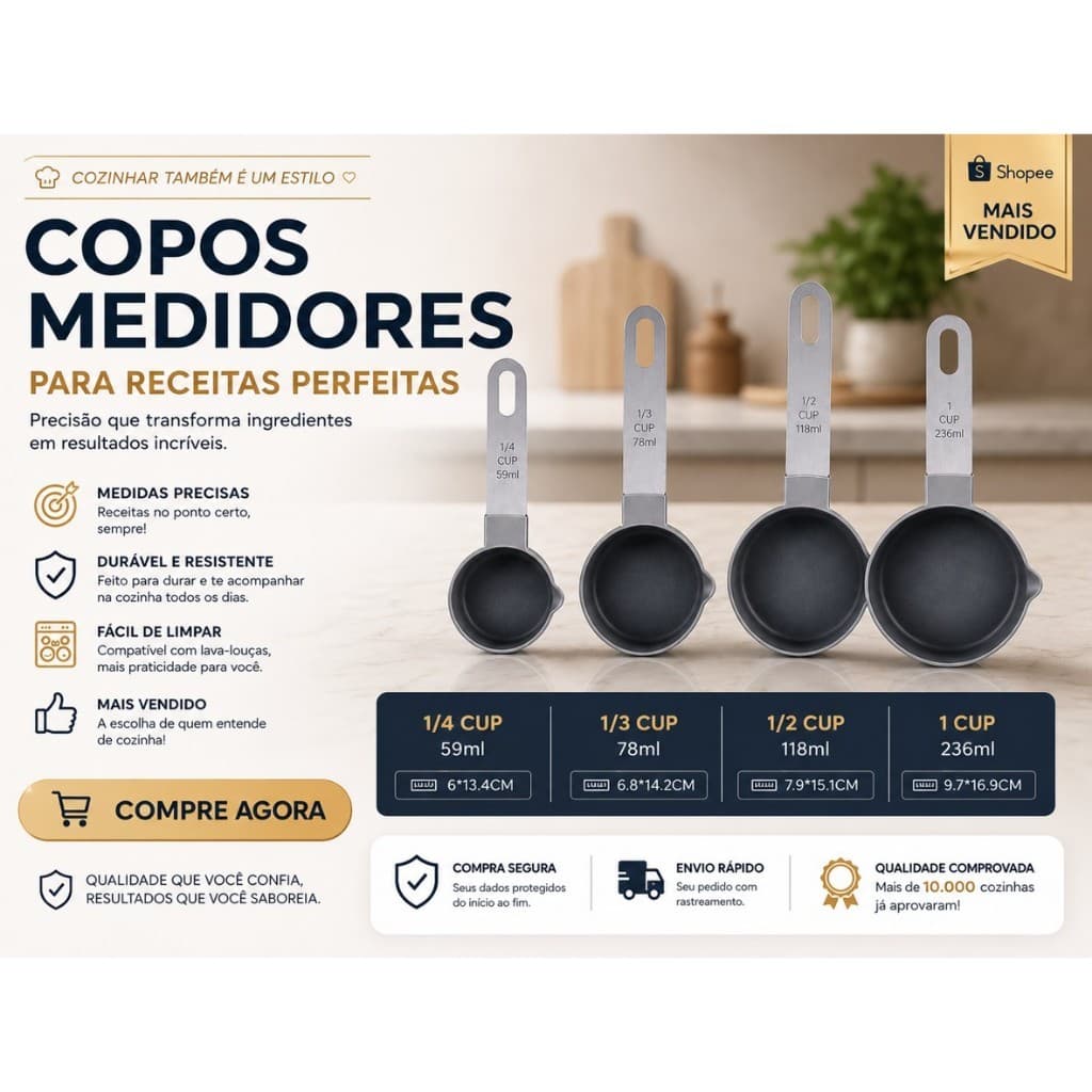 Kit Copos Medidores de Plástico - Cabo Aço Inox - 4pcs Profissional | Medidas Padrão | Empilhável e Resistente