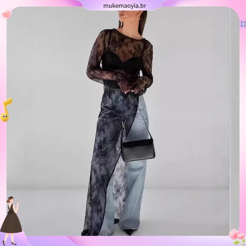 Novo Vestido De Renda Transparente Com Fenda Para Mulheres