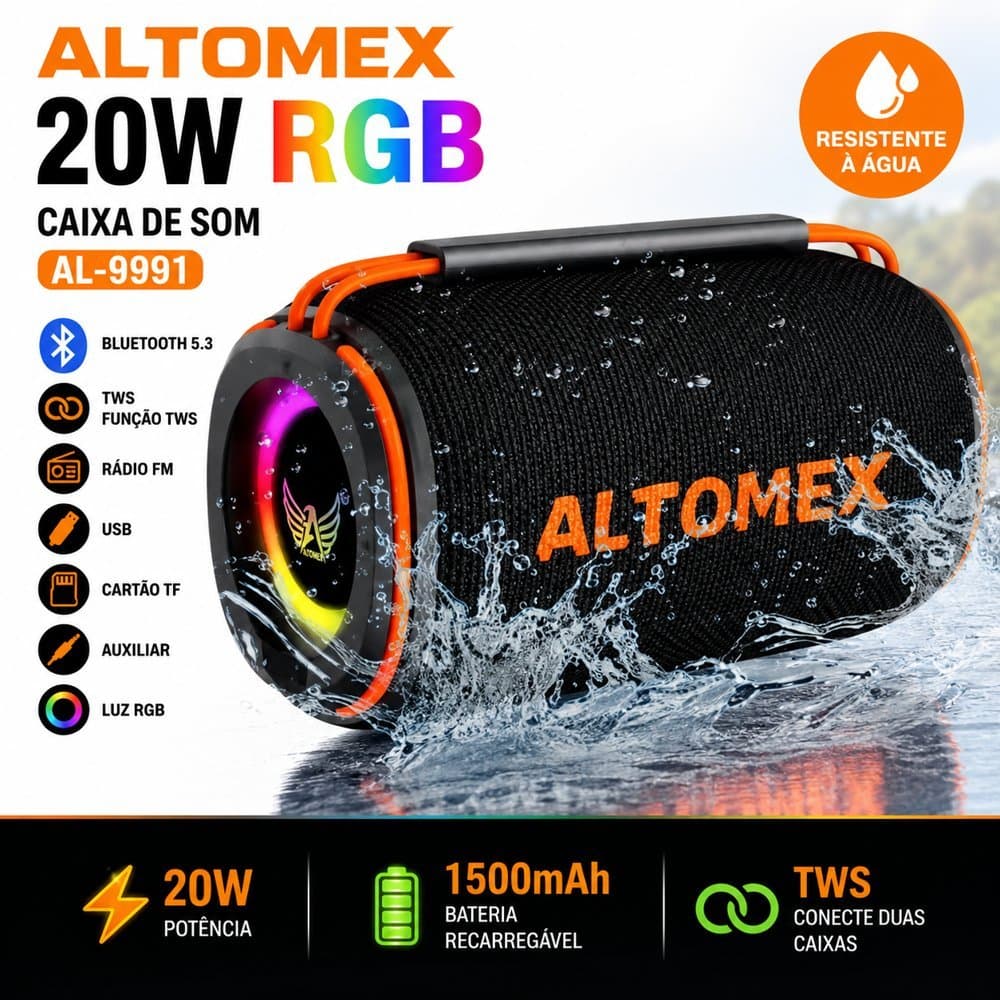 Caixa de Som Bluetooth Altomex AL-9991 20W RGB Resistente à Água TWS FM USB TF AUX Portátil Recarregável