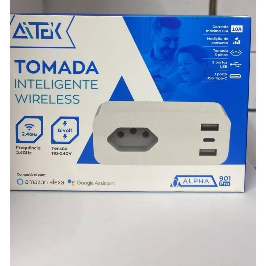 Tomada Inteligente Wifi Adaptador Smart Socket  10A 2USB 1TIPO-C Suporte Smart Life App control Alexa Casa PC