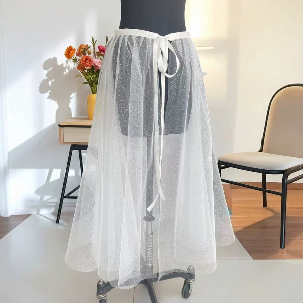 Saia feminina de gaze dourada branca, saia longa de uma peça, comprimento médio, camada única, transparente