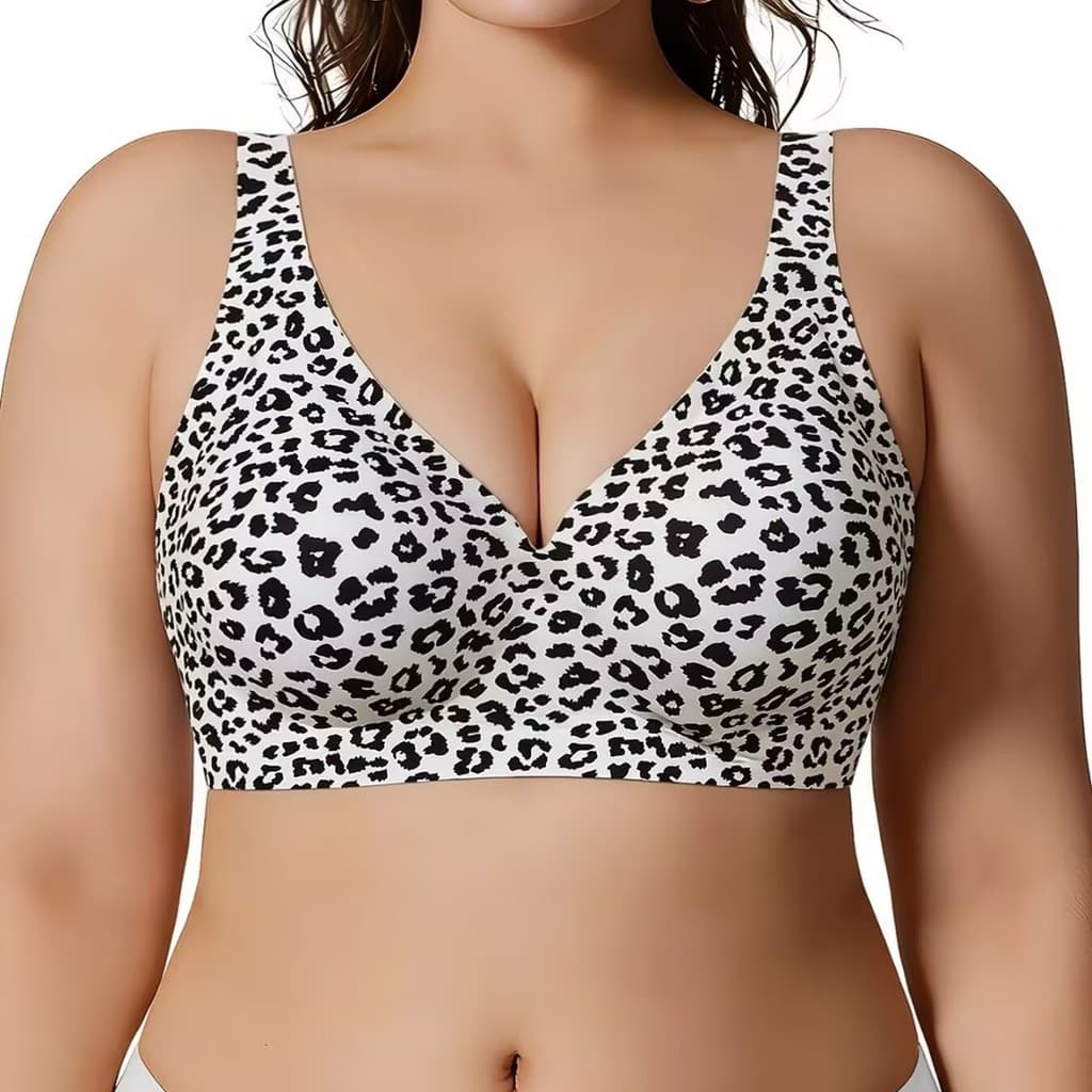 Sutiã push-up sem costura com suporte de gel e aro fino, estampa de leopardo, tamanho grande.