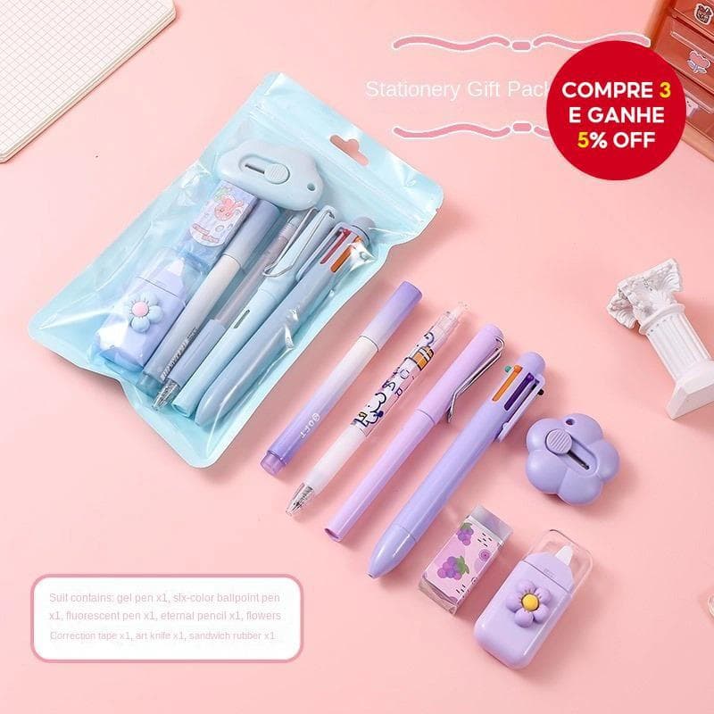 Conjunto de Papelaria Fofo de 7 Peças com Borracha, Régua e Apontador - Material Escolar de Plástico para Estudo