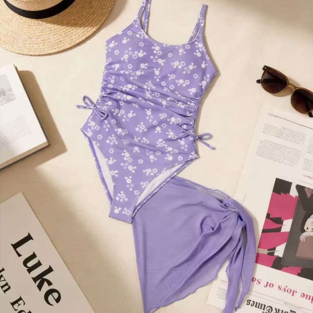 Maiô Feminino Com Estampa Floral Roxa – Roupa De Banho 2 Em 1 Fundo Contornado Para Roupas De Praia Infantis