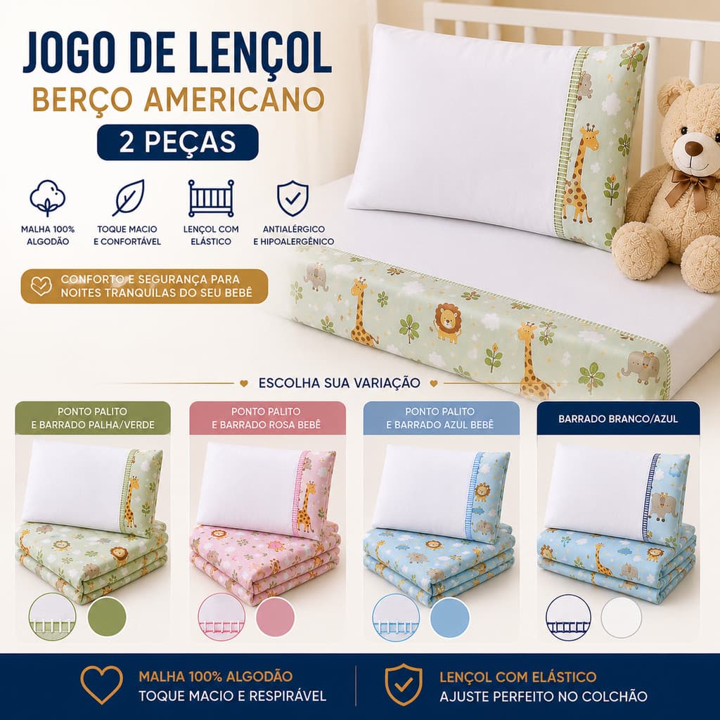 Jogo de Lençol Berço Americano 2 Peças Safari Malha 100% Algodão com Elástico Fronha Ponto Palito
