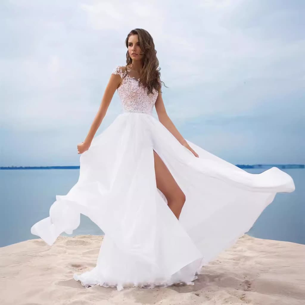 Novo vestido de Chiffon de renda baile branco vestido de noite dividido saia grande balanço