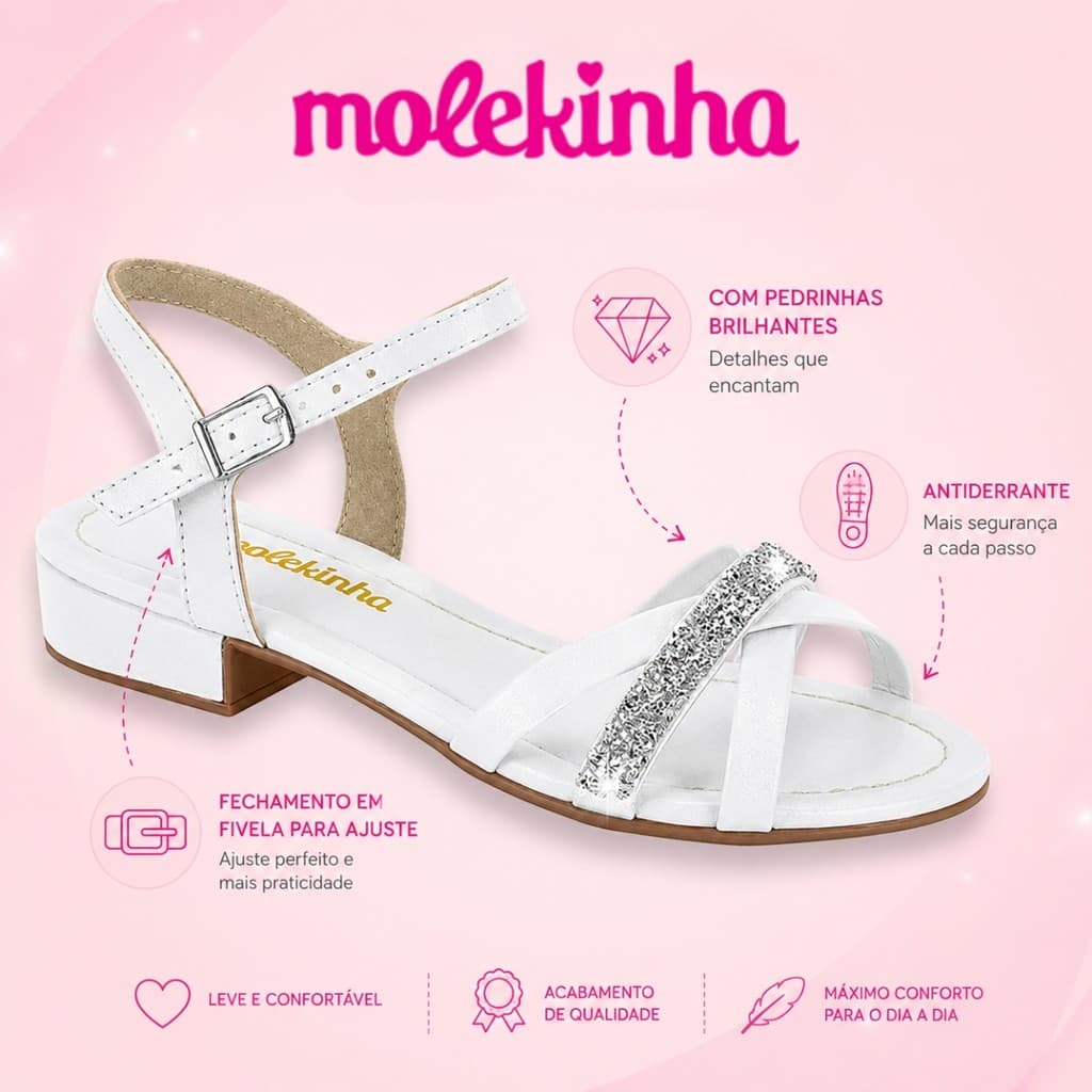Sandália Infantil Menina Molekinha Salto Baixo Com Strass Brilho Festa Casamento | Lançamento ! | Original