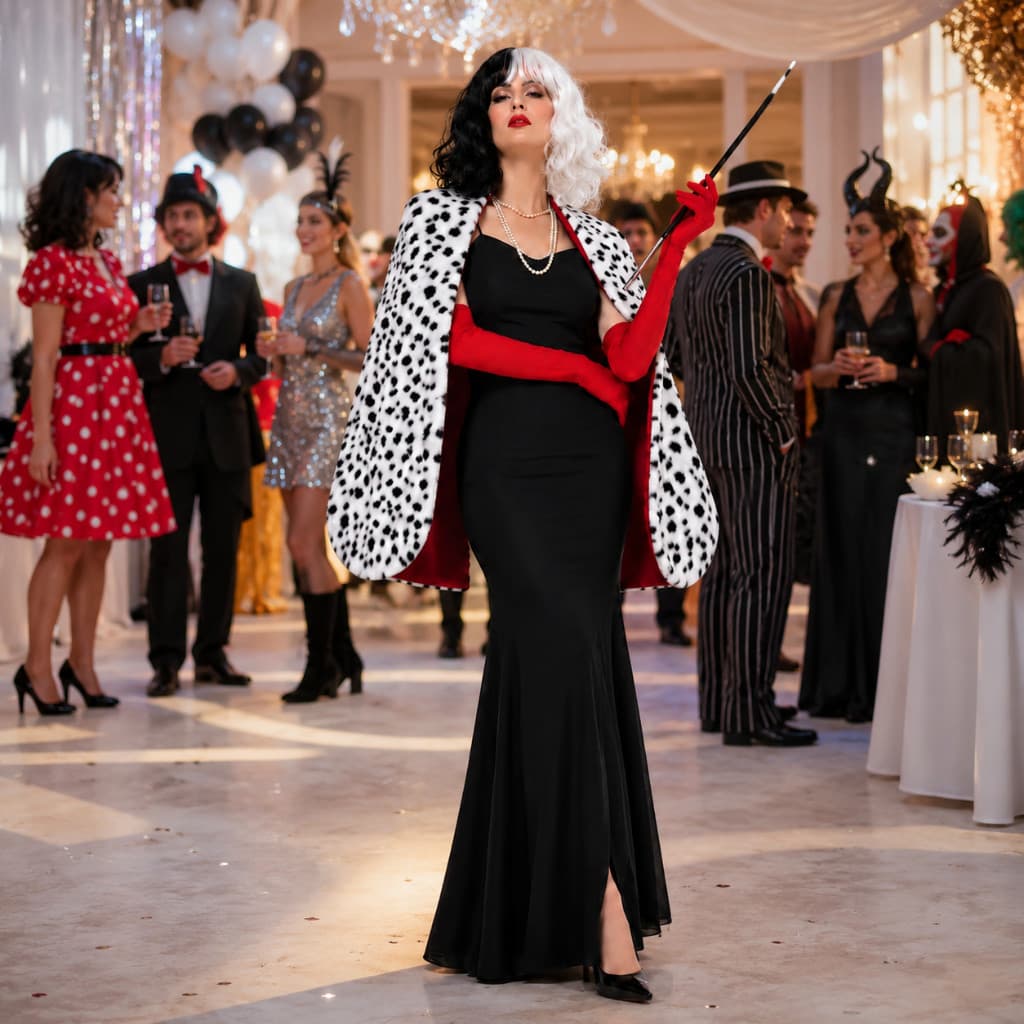 Fantasia Cruella Feminina Luxo Longa Com Poncho Luvas Peruca Cigarrilha Colar
