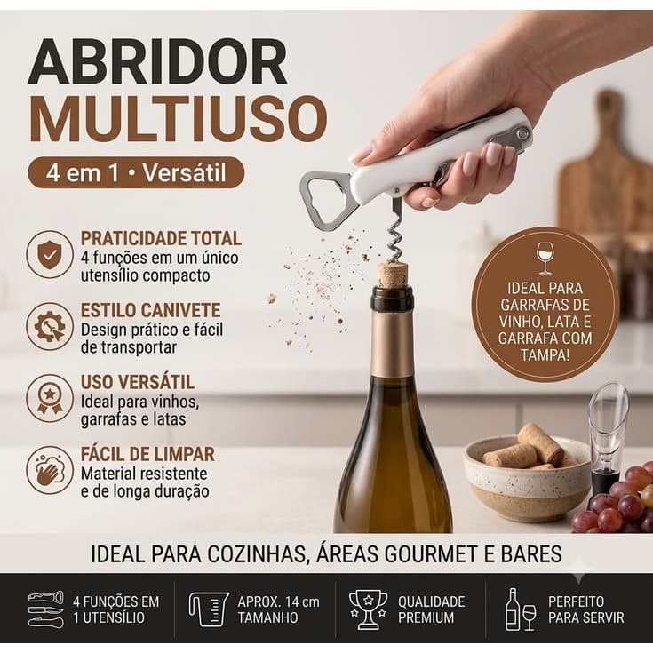 Abridor Multiuso 4 em 1 para Garrafa, Lata e Vinho