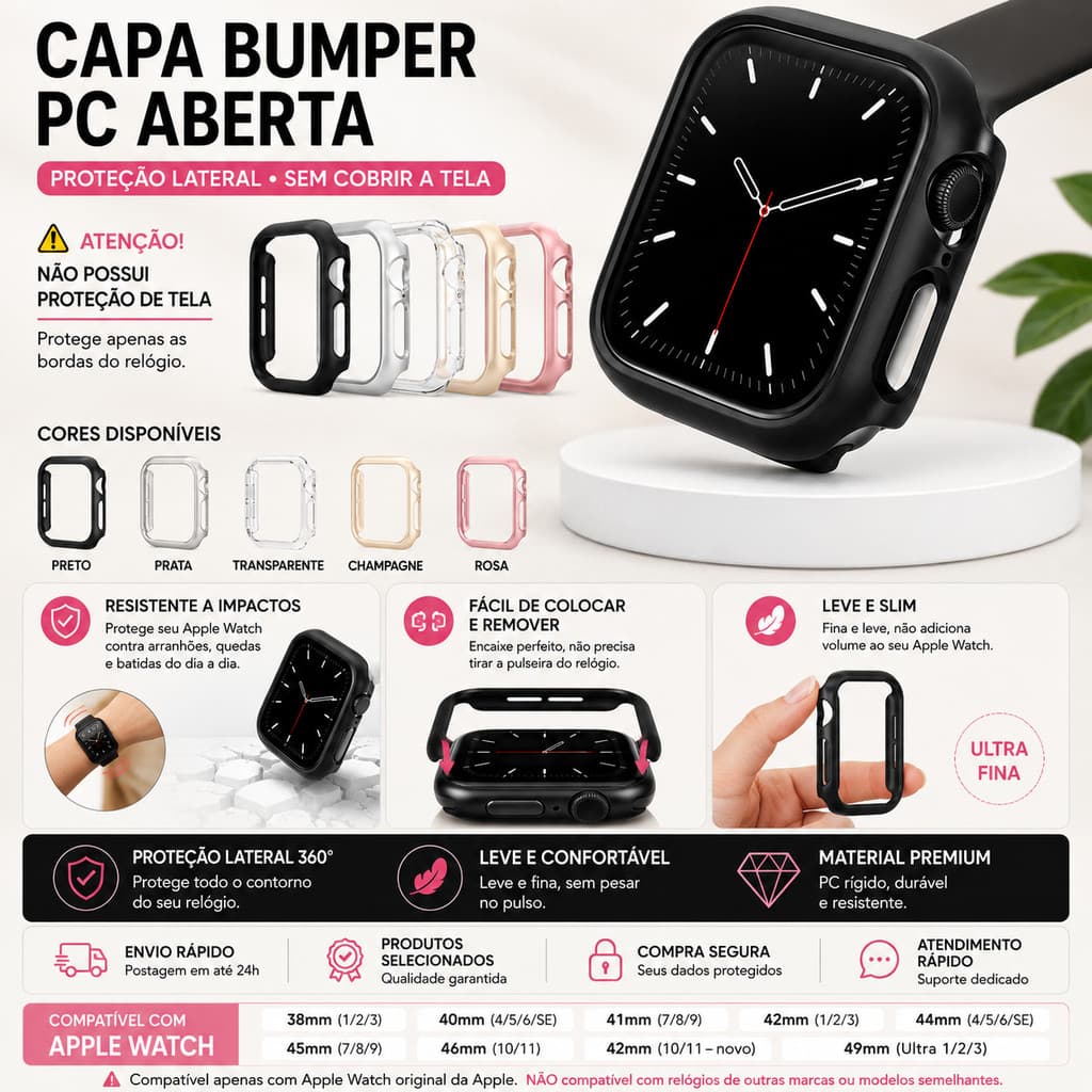 Capa Bumper Lateral Aberta para Apple Watch Series11 10 9 8 7 6 5 4 3 2 1 Sem Proteção de Tela 38 40 41 42 44 45 46 49mm