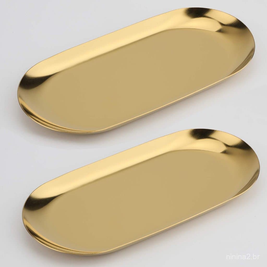 Bandeja Aco Inoxidavel Luxo Decorativa para Jóias Alimentos Dourado